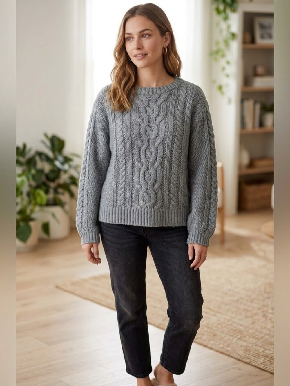 Wooden Ships Cable Knit Solid Oversized Cropped Relaxed Fit Sweater Top S/M - Picture 1 of 5